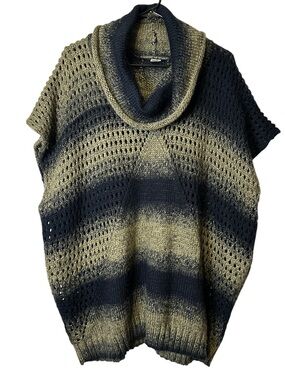 Clotheshead Cowl Neck Poncho Sweater L XL Striped Open Knit Wool Blend Boho